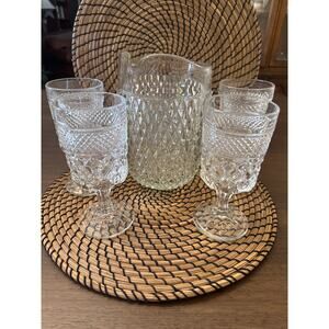 Anchor Hocking Wexford Glass Pitcher & 4 Iced Tea Goblets VTG Diamond Pattern